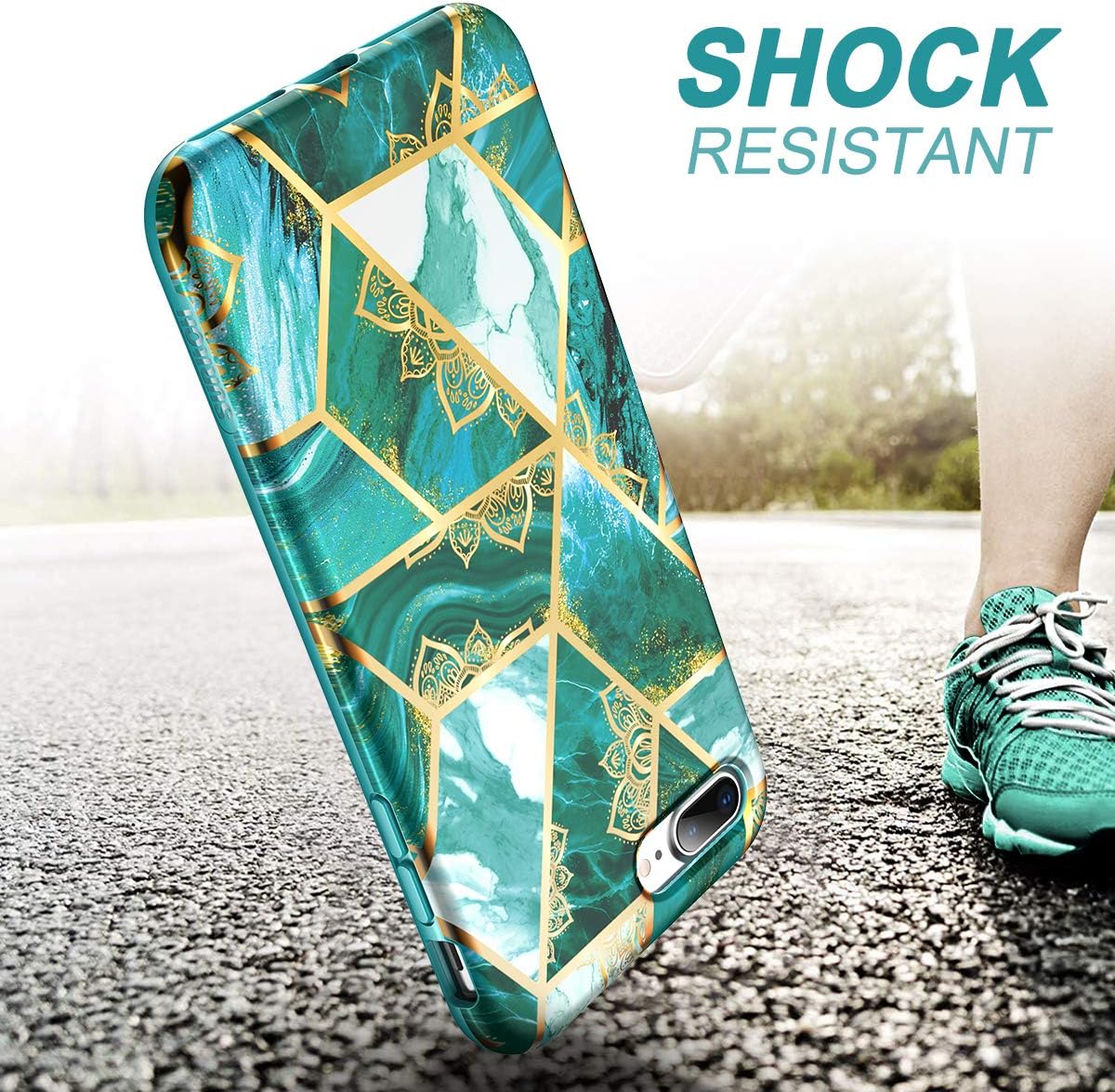 SURITCH Case for iPhone 7 Plus/iPhone 8 Plus,[Built-in Screen Protector] Gold Mandala Floral Full-Body Soft Rugged Bumper Shockproof Protective Cover for iPhone 7Plus/iPhone 8Plus 5.5"-Green Marble