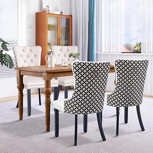 Miniatura 10 de Juego de 6 sillas de comedor de terciopelo, sillas de comedor tapizadas acolchadas con ribete de tachuelas y patas de madera maciza para cocina,