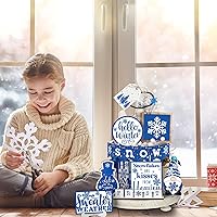 Vista 5 de Juego de decoración de bandeja escalonada de invierno, diseño de muñeco de nieve, letreros de madera, copos de nieve, decoración rústica de bloques
