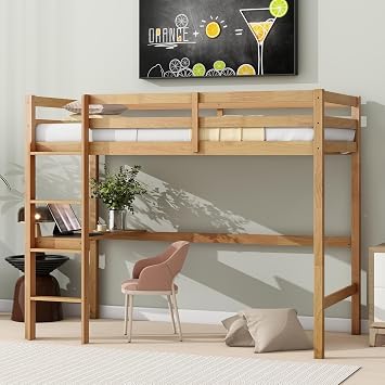 Twin Size Loft Bed with Desk, Rubber Wood High Loft Bunk Bed with Safety Guardrail & Ladder, Sturdy Study Space Bed Frame, Easy AssemblyWhite Oak