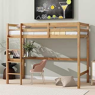 Loft Bed Twin Size, Twin Loft Bed with Desk, Solid Wood Bed with Built-in Desk, Safety Guardrails, Ladder for College Teens Kids, Natural