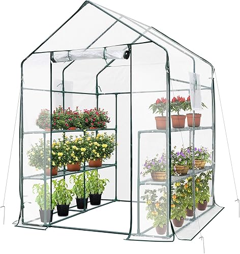 VIVOSUN Mini casa verde transparente de 57 x 57 x 77 pulgadas con ventana y ancla, casa caliente de jardín de plantas de 2 niveles, 8 estantes, 4.7
