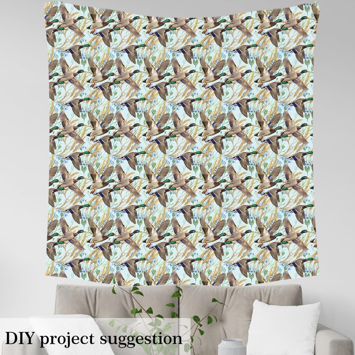 jejeloiu Cute Mallard Duck Fabric By The Yard 2 Yards 3D Wild Duck Hunting Soft Flannel Fabric Hunting and Fishing Fall Lodge Cabin Farmhouse Upholstery for Chairs Botanic Blue