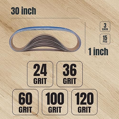 Miniatura 2 de POWERTEC Correas de lijado de 1 x 30, 15 unidades, 3 de cada uno de granos 243660100120, 1 correa de lijado de óxido de aluminio de 30 pulgadas para