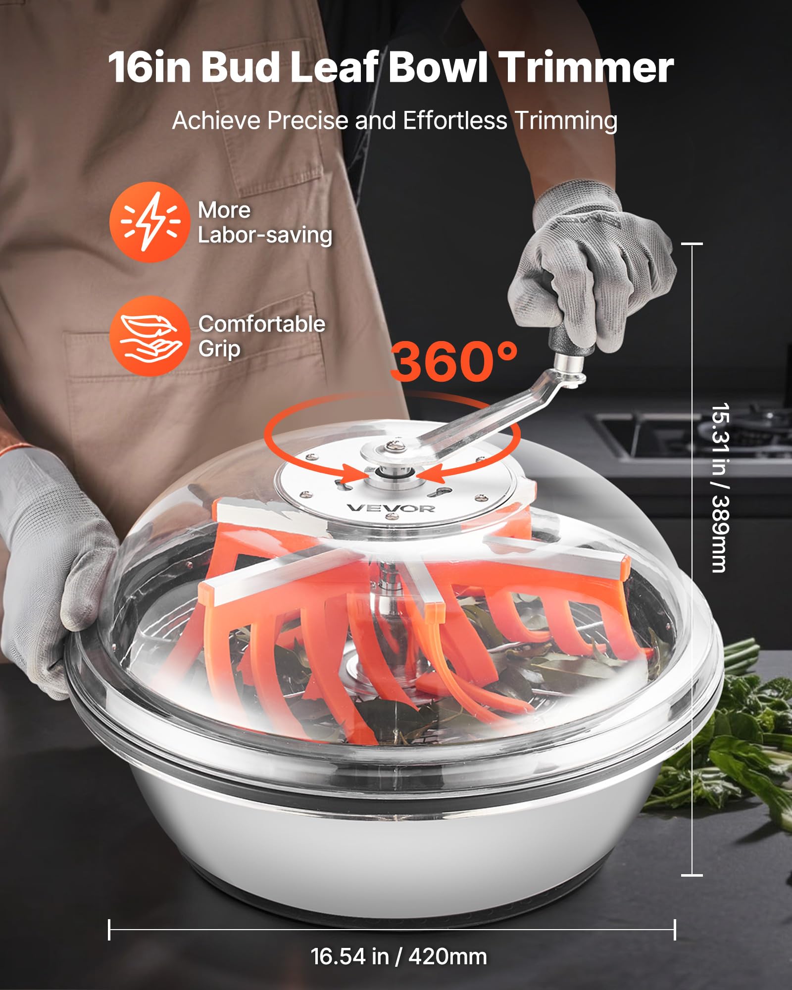 VEVOR Máquina Recortadora de Cuenco de Hojas mm Recortadora de Cuenco de Hoja de Brote con Tapa Transparente y Rejillas de Acero Inoxidable para Brotes de Flores (Manual 420 mm)