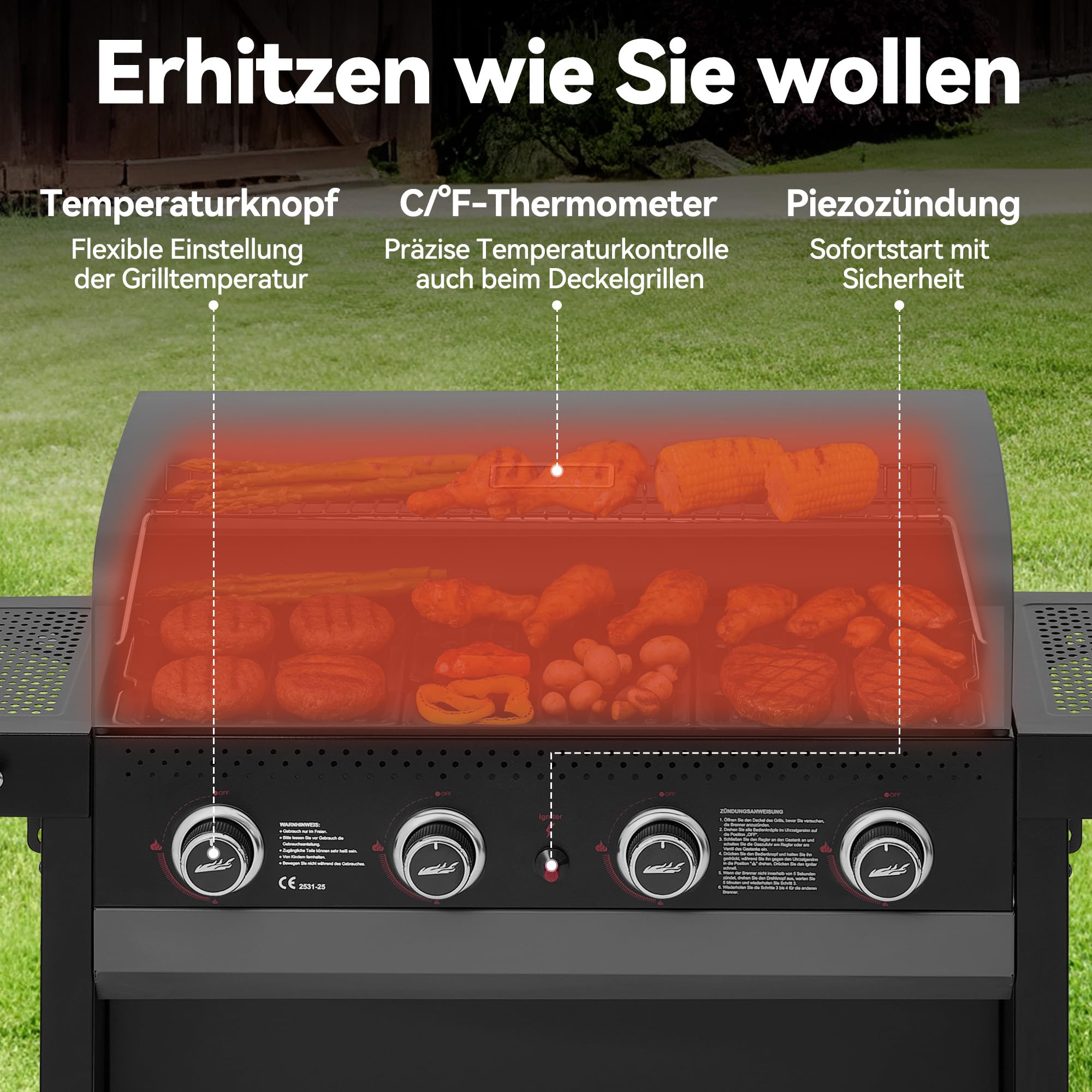 Royal Gourmet 4-Brenner Gasgrill 10 kW Grillwagen mit klappbaren Seitenablagen, Ablagekorb, Outdoor Gasgrill für Balkon, Terrasse, Garten und Camping