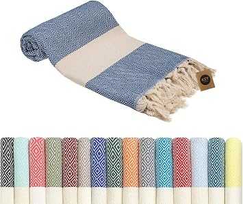 Beach Towel - Large Turkish Beach Towels for Camping, Swimming, Bath, Gym, Picnic - Quick Dry, Super Absorbent, Lightweight, Compact Cotton Hammam Towels for Adults, Men, Kids Blue, 1