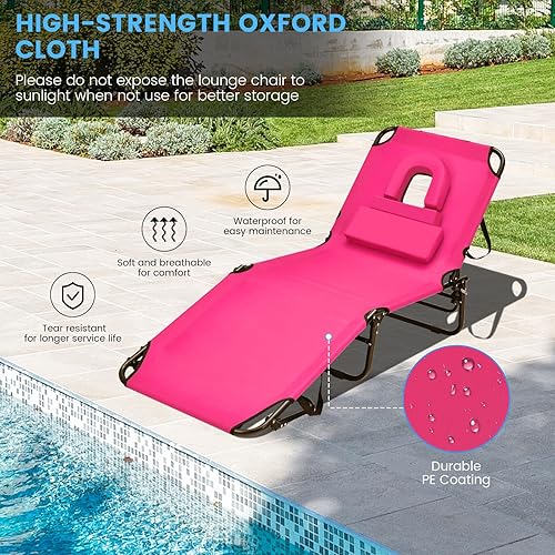 Miniatura 8 de GYMAX Silla bronceadora, silla de playa de 350 libras con orificio facial, almohada lavable y correa de transporte, tumbona plegable ajustable