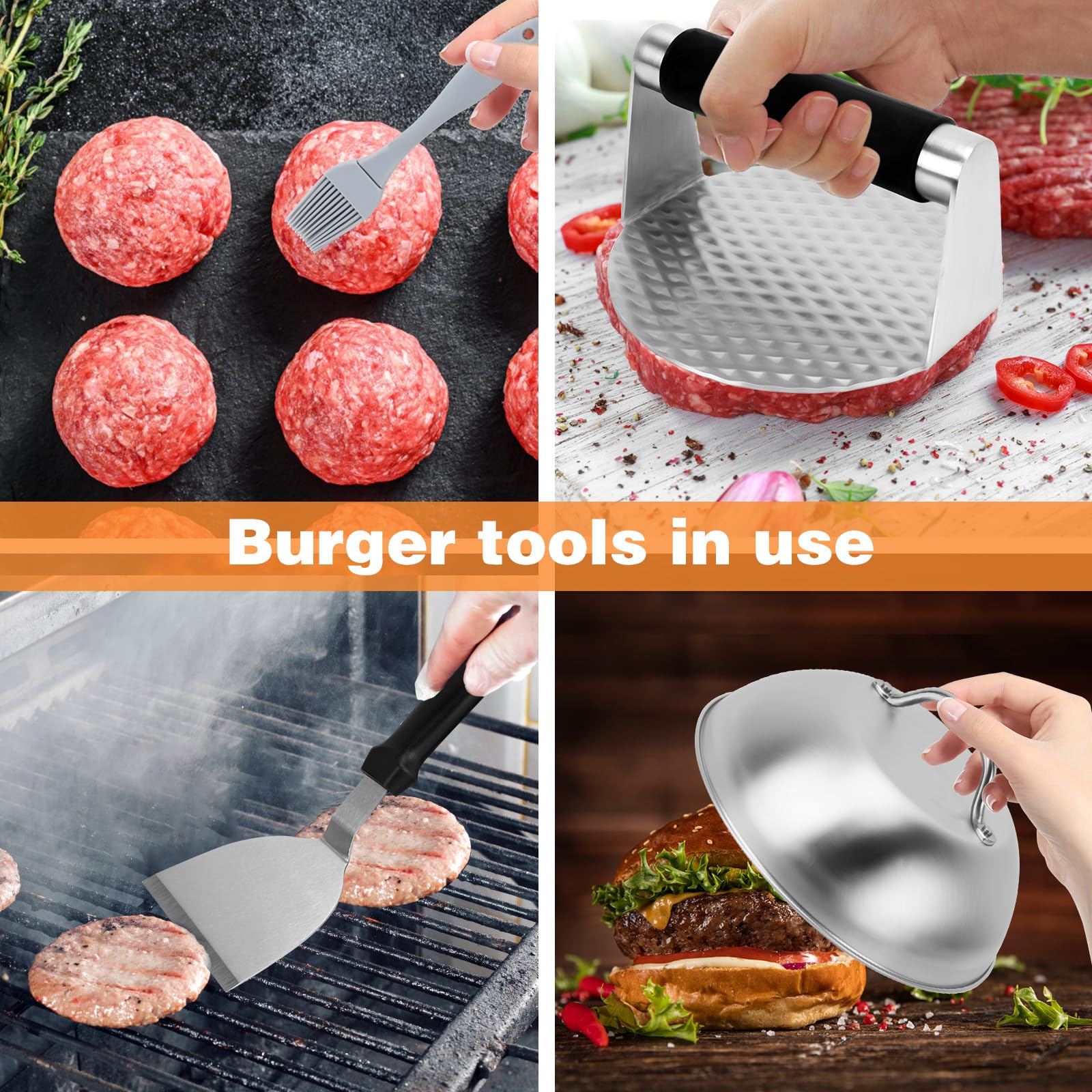 Dadabig Hamburger PRO Kit con Pressa Rotonda in Acciaio Inox, Spatola per Grill, Copertura per Hamburger, 100 Carta Antiaderente, Pennello da Forno, Adatto a Campeggio e Grigliate all'aperto