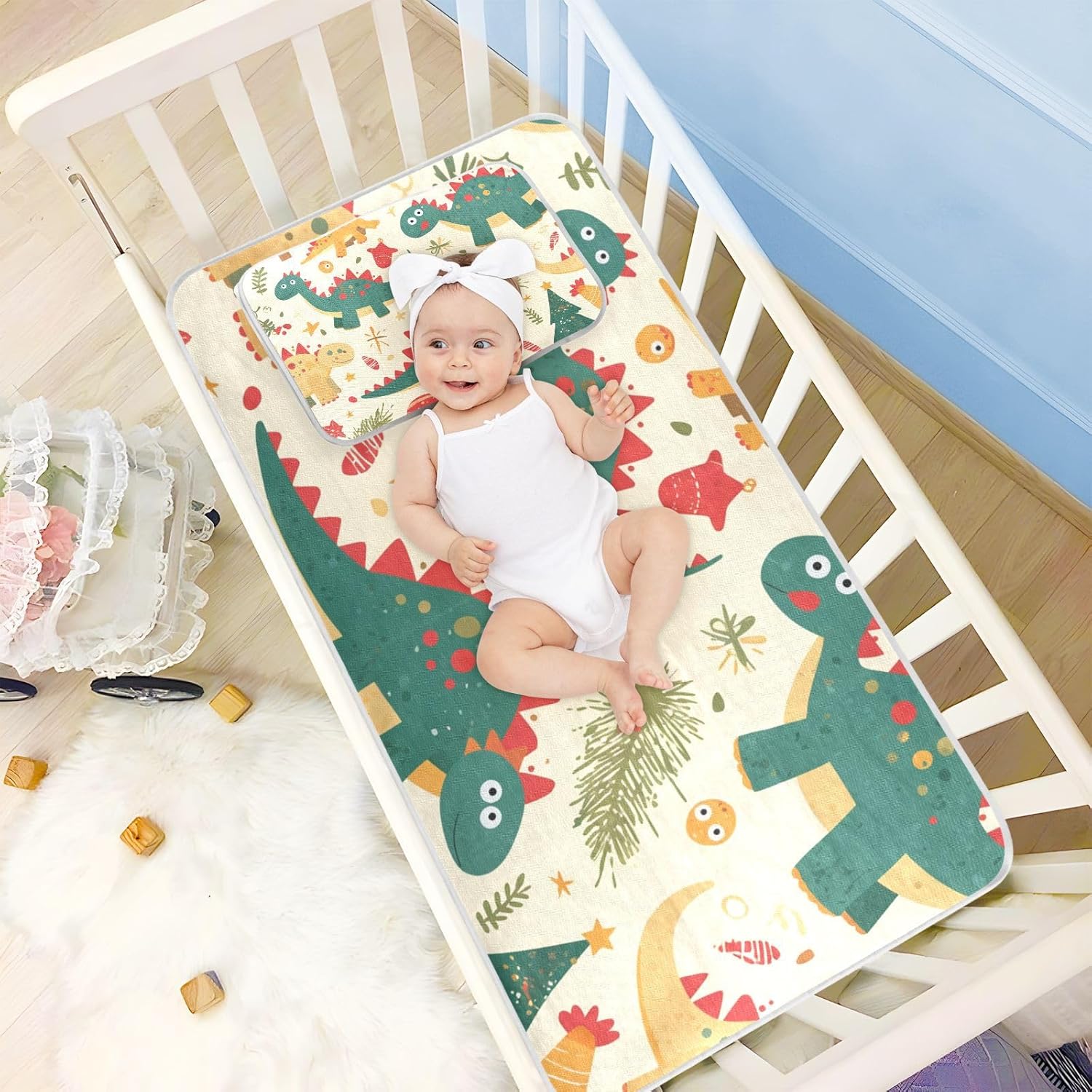 Dino Christmas Cooling Baby Crib Mattress Topper 28" x 52" Absorbent Mattress Protector Pads for Baby&Toddler
