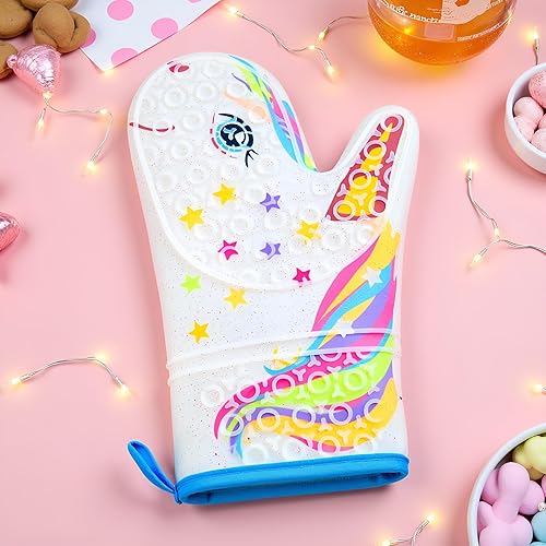Miniatura 6 de Gears Out Guante de horno de silicona con diseño de unicornio mágico con purpurina, guantes de cocina resistentes al calor, silicona suave, forro de