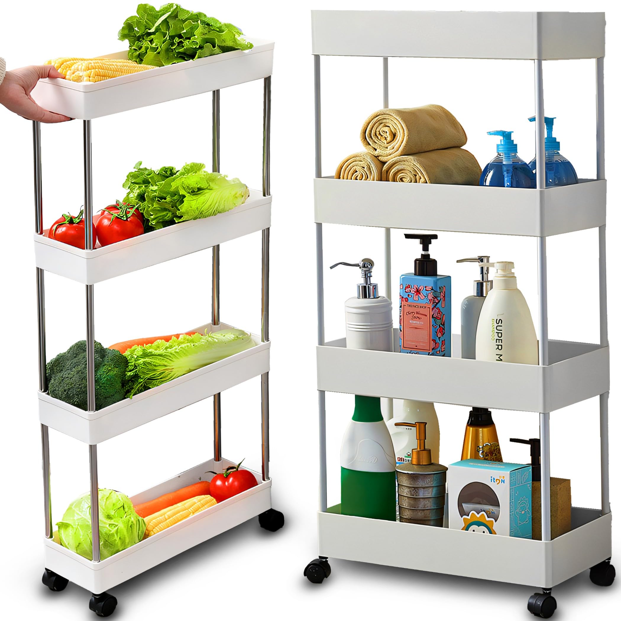 Retoo Carrello da cucina a 4 ripiani, carrello da cucina su rotelle, scaffale per nicchia, mensola da bagno, mensola per cucina, bagno, camera da letto, ufficio, cameretta dei bambini, 65 x 11,5 x