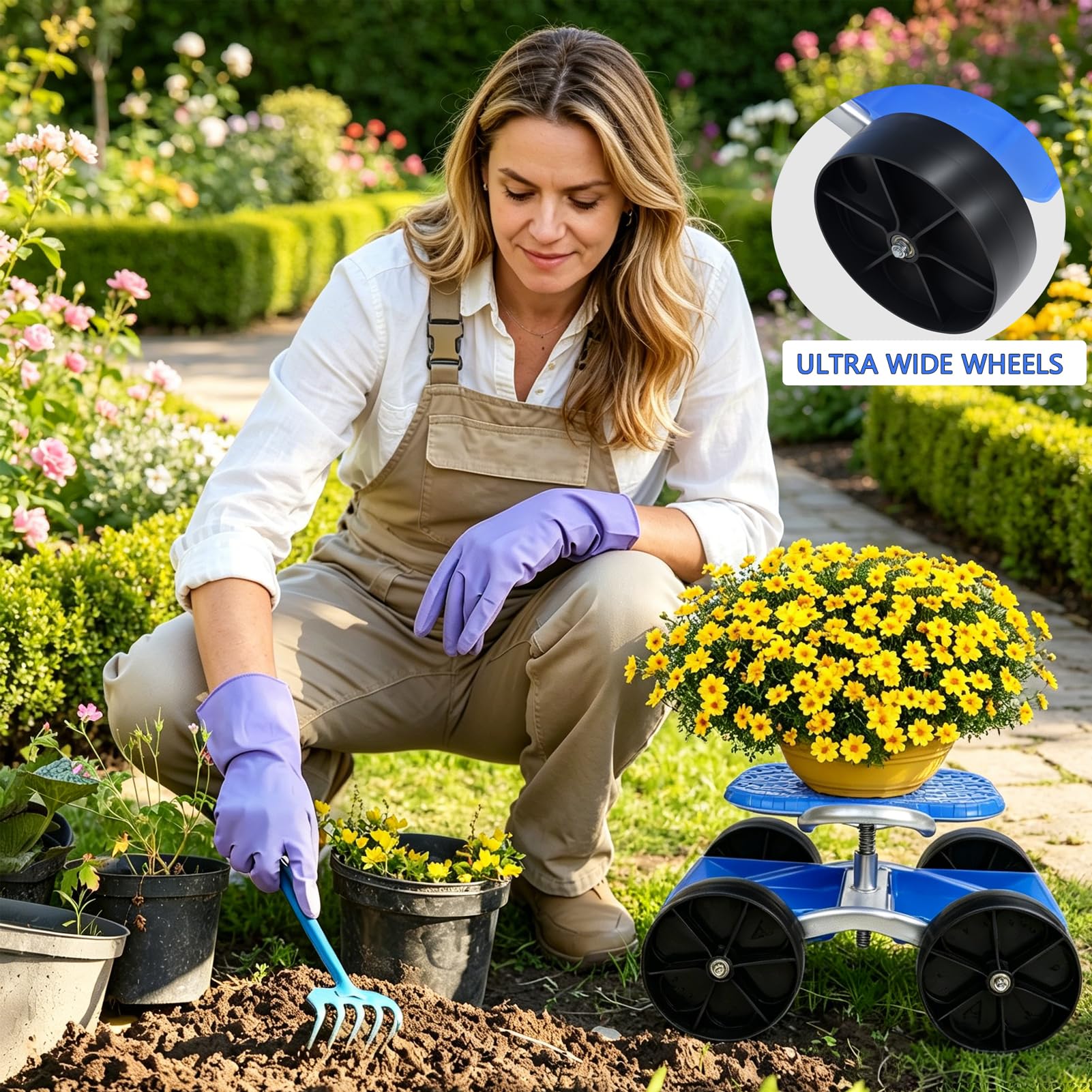 Gartenhocker Mit Rollen, 360° Drehbarer Rollsitz, Höhenverstellbarer Gartensitz, Gartentrolley,Mobiler Gartenhocker Mit Ablage,Arbeitssitz Für Gartenarbeit Garage Werkstatt (Blue)