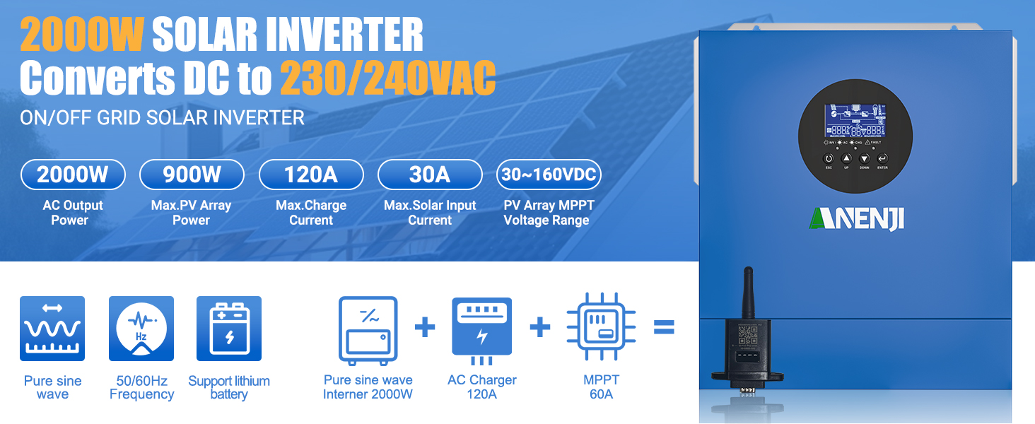 Inverter Ibrido Aninerel 2000W 12V - Onda Sinusoidale Pura, Con Input PV 900W E WiFi, Per Batterie LiFePO4