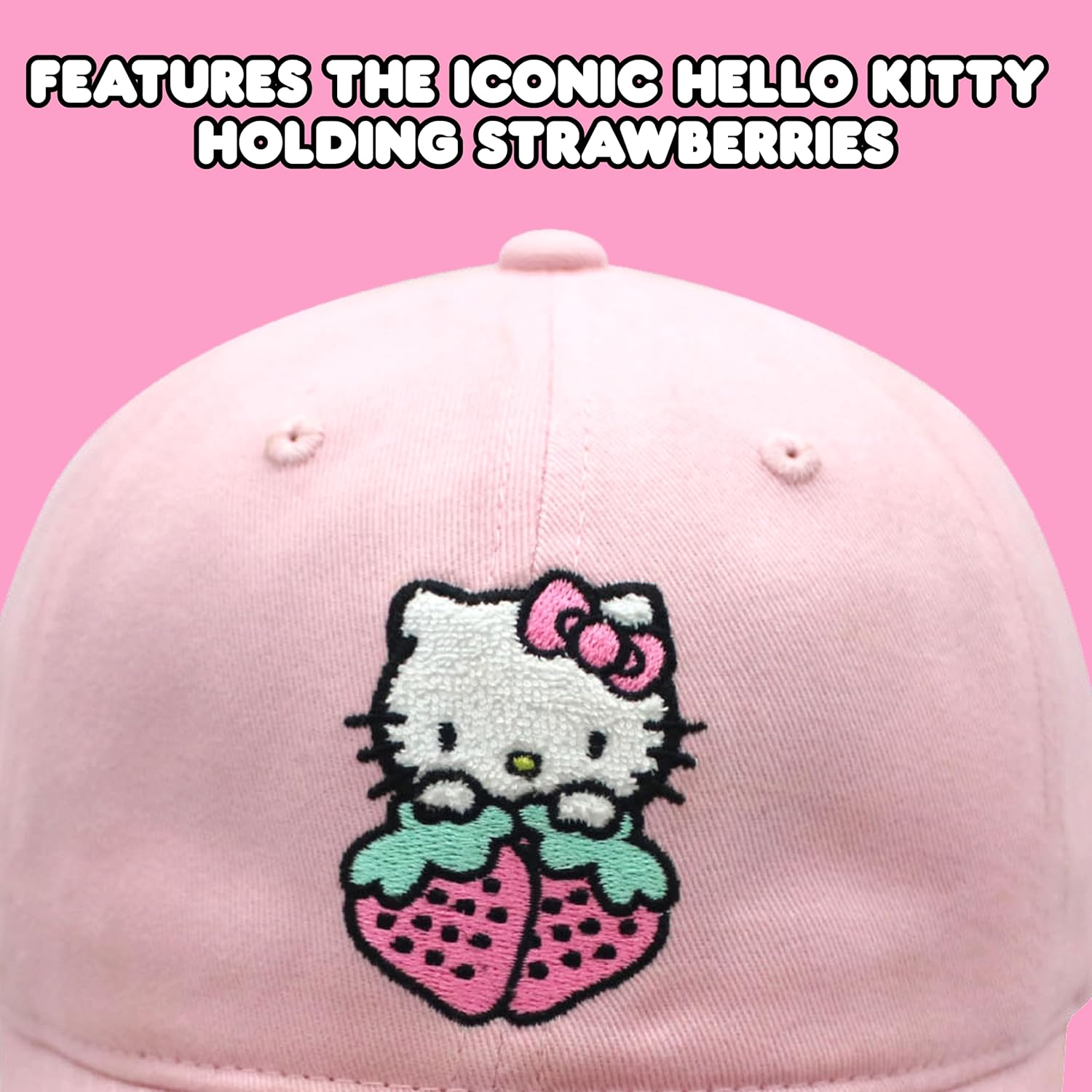 Hello Kitty Dad Hat, Strawberries Adjustable Baseball Cap with Curved Brim, Pink, One Size