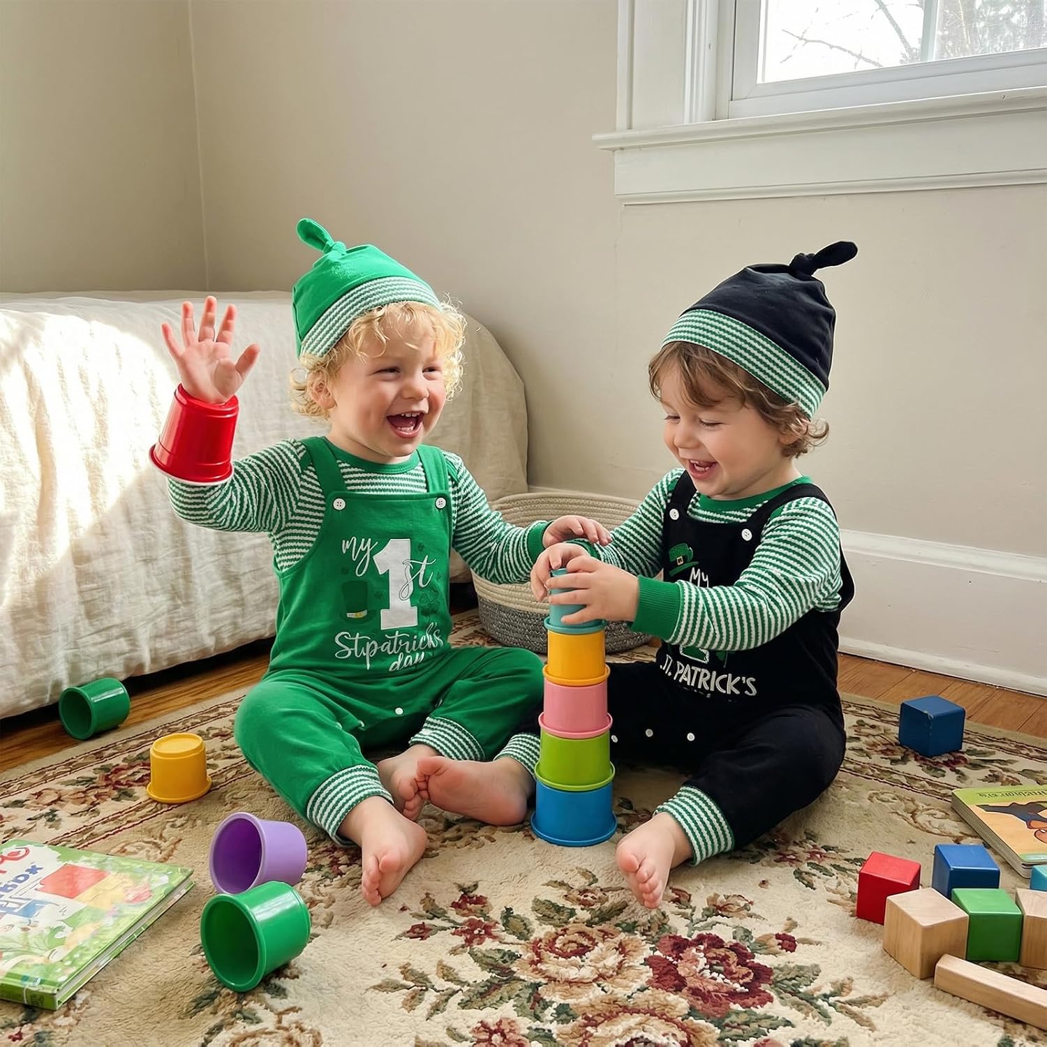 Baby Boy First St Patricks Day Outfit Striped Waffle Long Sleeve Romper Embroidery Overalls Pants Hat 3Pcs Sets
