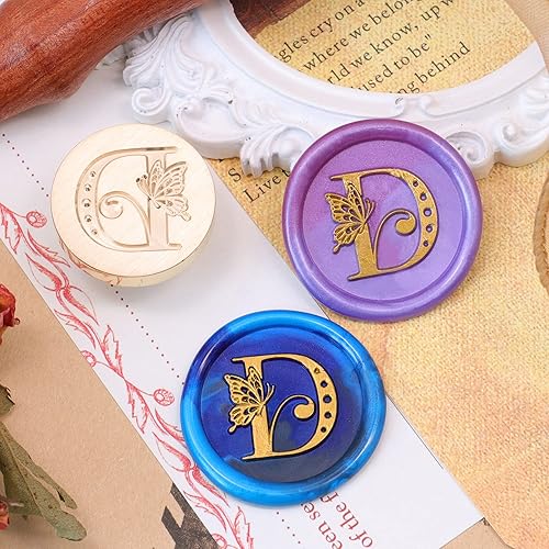 Miniatura 10 de SWANGSA Kit de sello de cera inicial del alfabeto M, sello de sellado de letras de mariposa vintage con 200 cuentas de cera de sellado