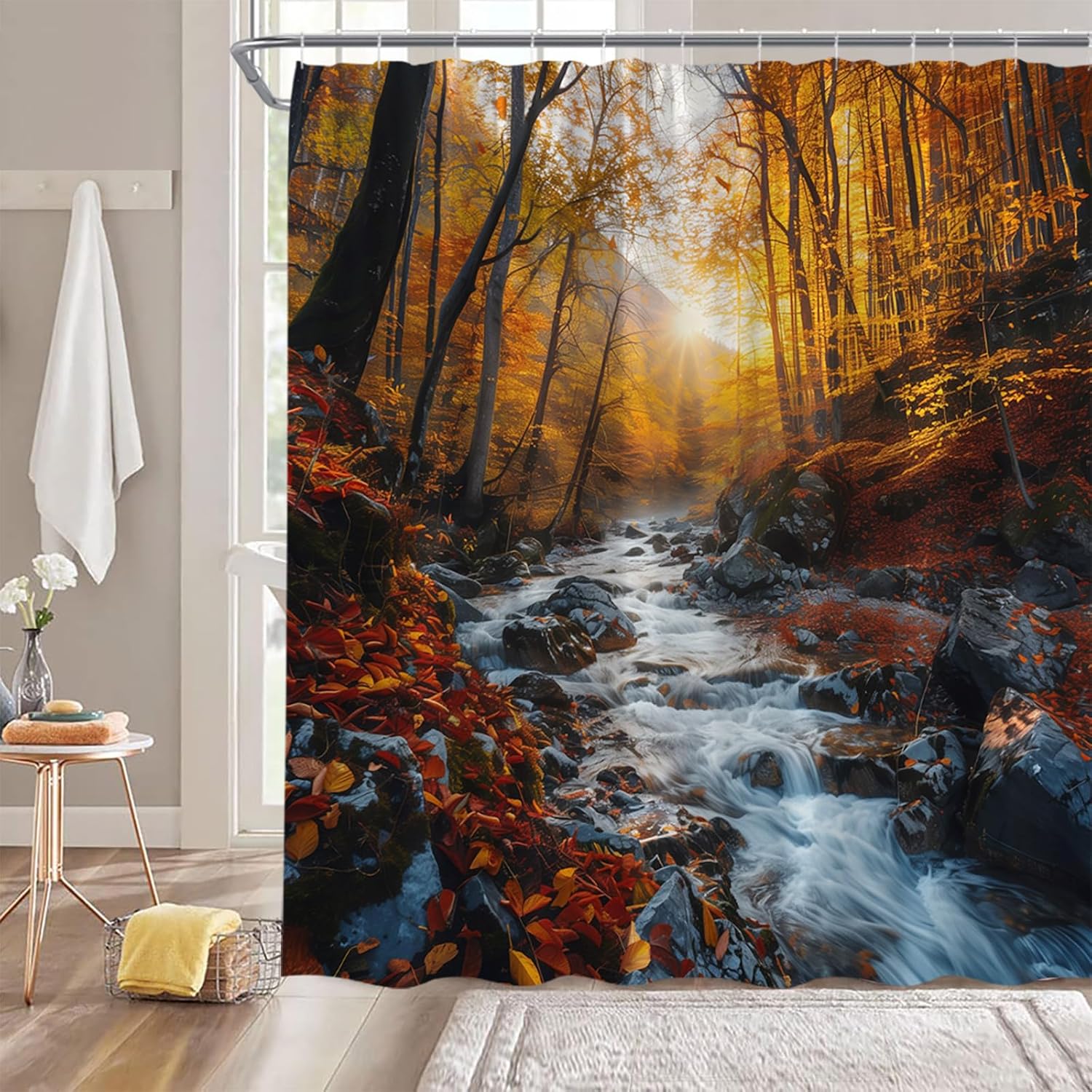 Forest Waterfall Shower Curtain Rustic Fall Autumn Nature Jungle Season Scenery Farmhouse Country Bathroom Decor Curtain Set with Hook