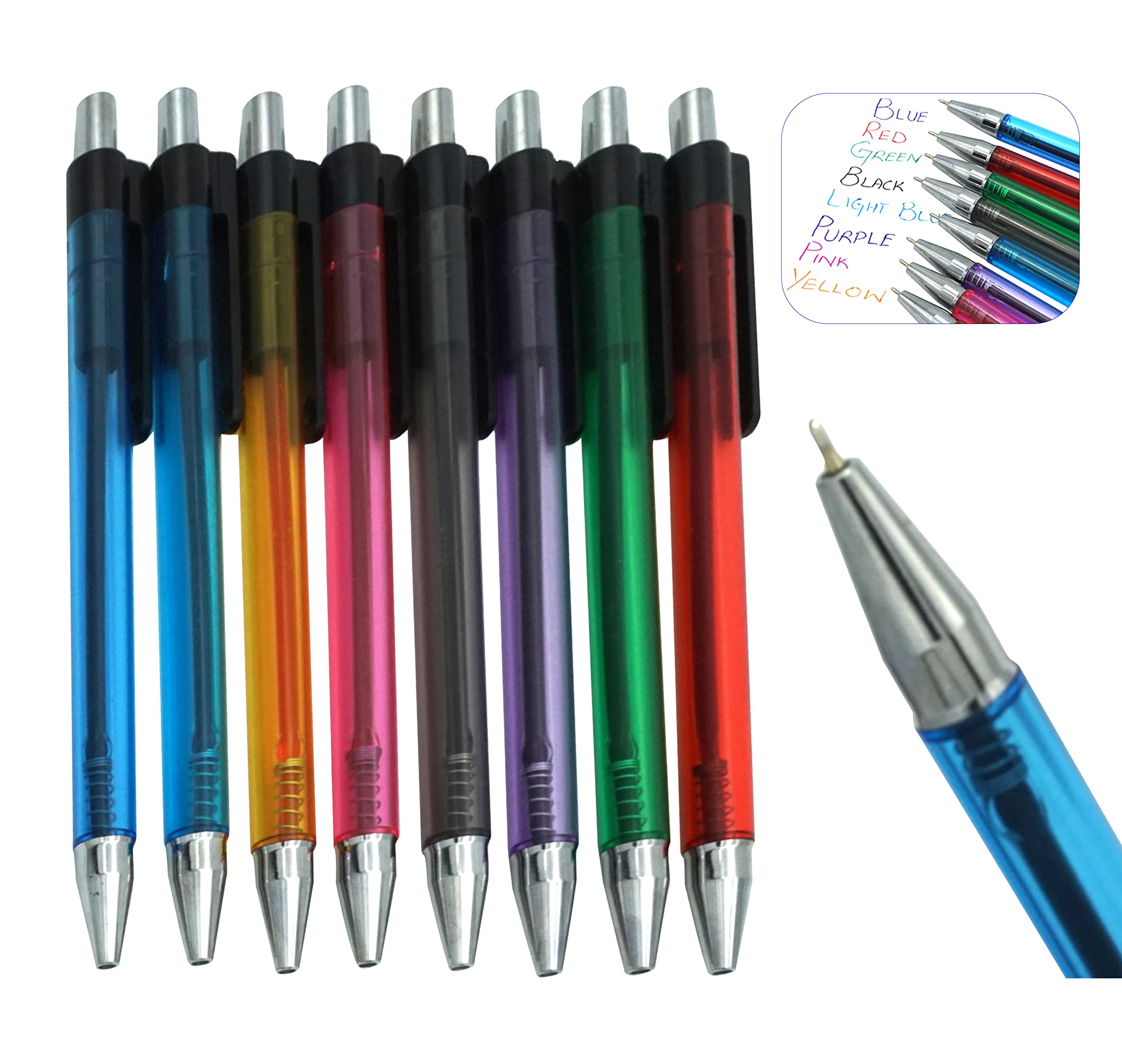 8x Ballpoint Pens, Soft Grip Push Top Jet Pens – Coloured Ink Handwriting Pens for Back to School, Stationary Supplies and University Essentials