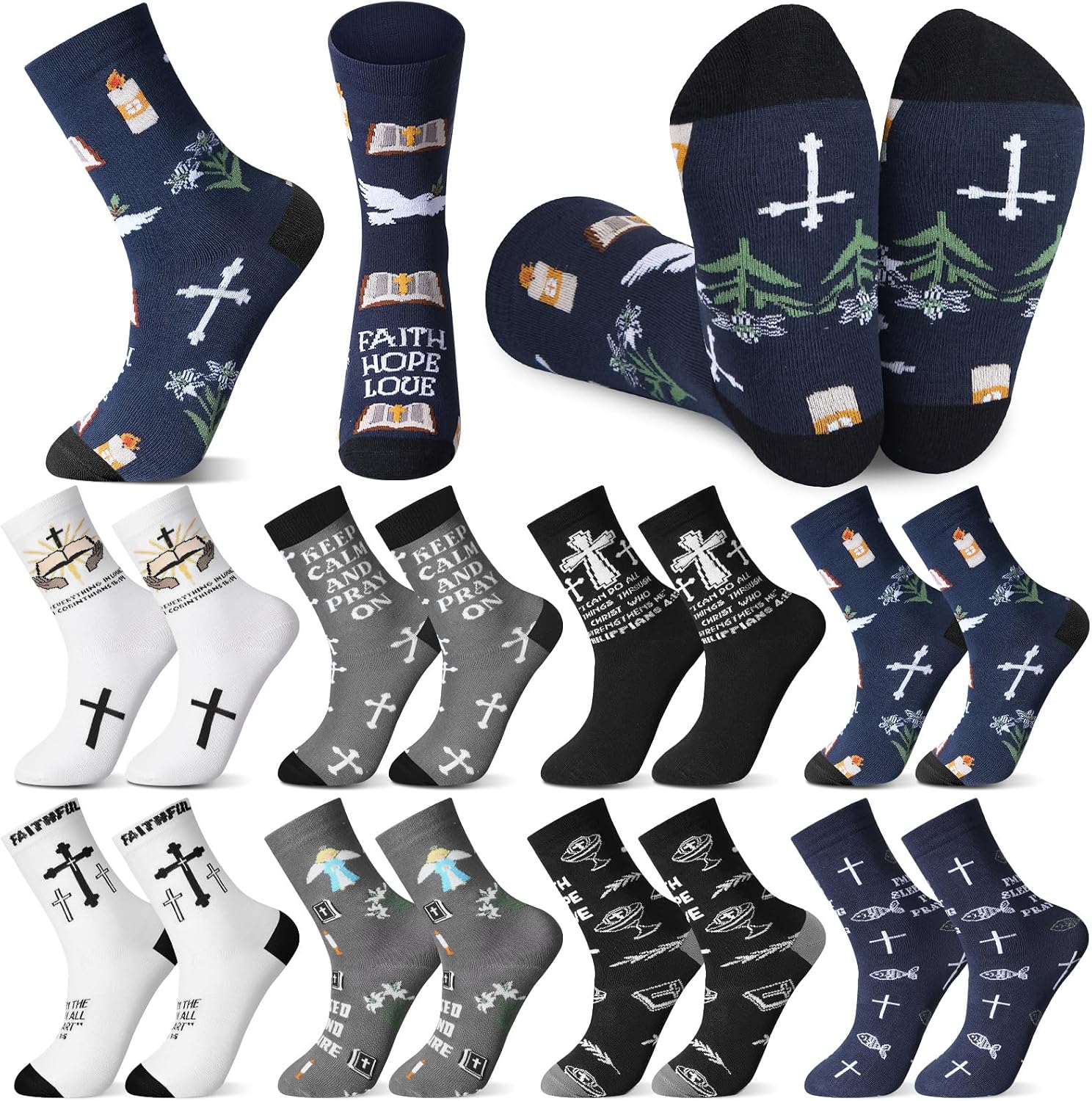 8 Pairs Christian Socks for Men Church Religious Gifts Novelty Jesus Crew Sock for Pastor Appreciation Gifts
