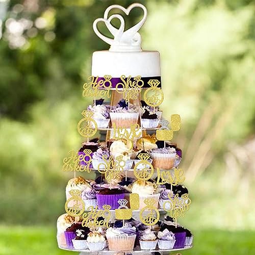 Miniatura 5 de 30 piezas de adornos para cupcakes con texto en inglés He Asked She Said Yes  Love I Do  Anillo de diamantes para bodas y despedidas de soltera,