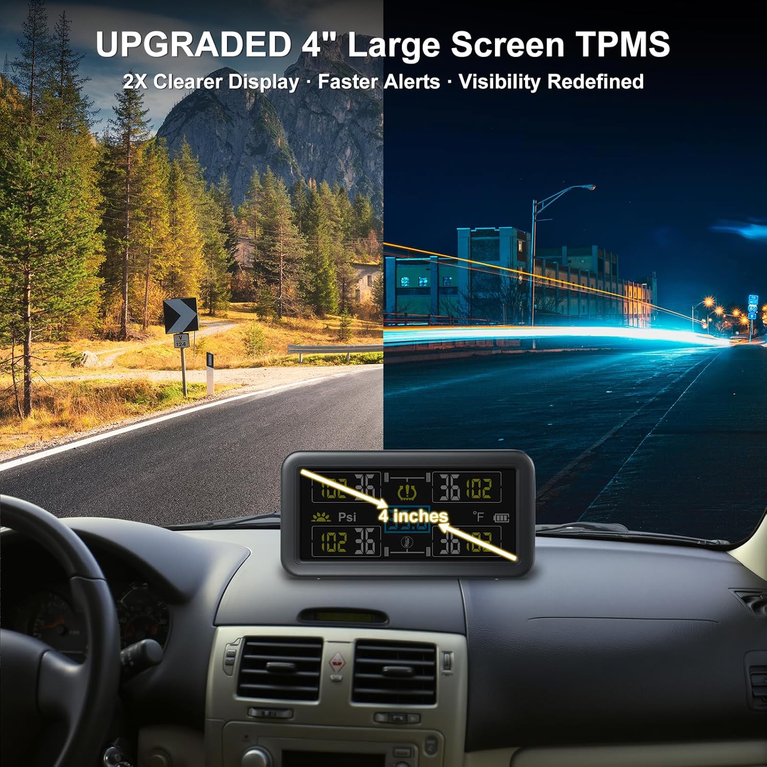 Tire Pressure Monitoring System, TPMS Tire Pressure Monitor with Solar Charge &USB, TPMS with 4 Sensors &6 Alarm Modes 0-9.9BAR/144PSI &Real-time Color LCD Display for RV/Trailer/Truck/SUV