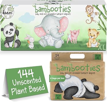 Bamboo Baby Diapers, Totally Chlorine Free for Sensitive Skin for Newborns to XXL. Hypoallergenic & Non Toxic Eco Friendlier Plant-Based Materials. TCF XL Size 5 Diapers 144 ct