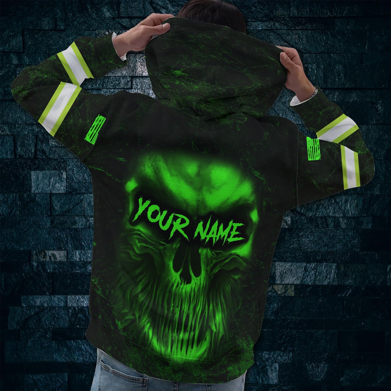 Maddly High Visibility Skull US Flag Safety Workwear Custom Name for Workers, Runners, Truckers, Patriotic