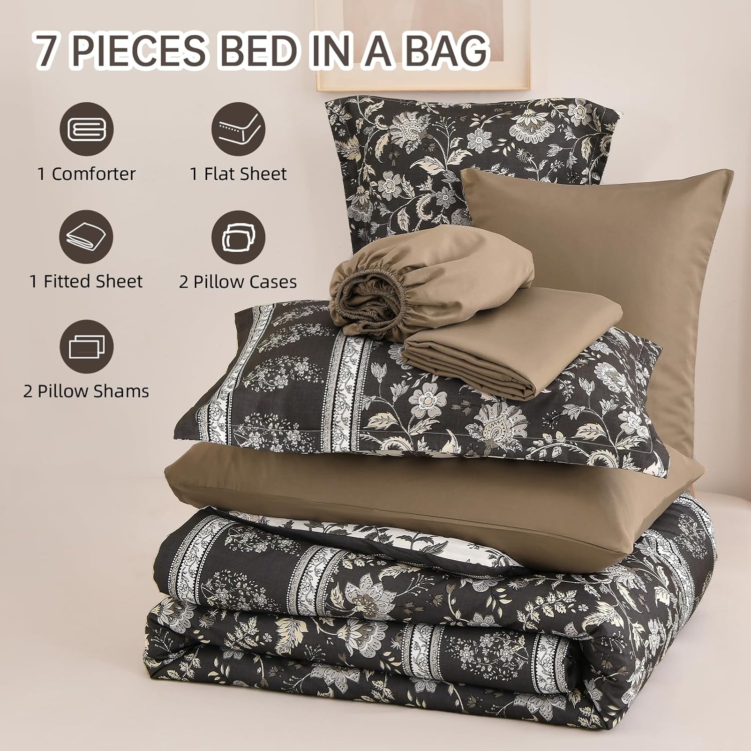 Dinjoy Boho Comforter Set Queen,Brown Gray Bedding Paisley Floral 7 Piece Bed in a Bag Reversible Lightweight Bohemain Comforters with Sheet Sets for All Season