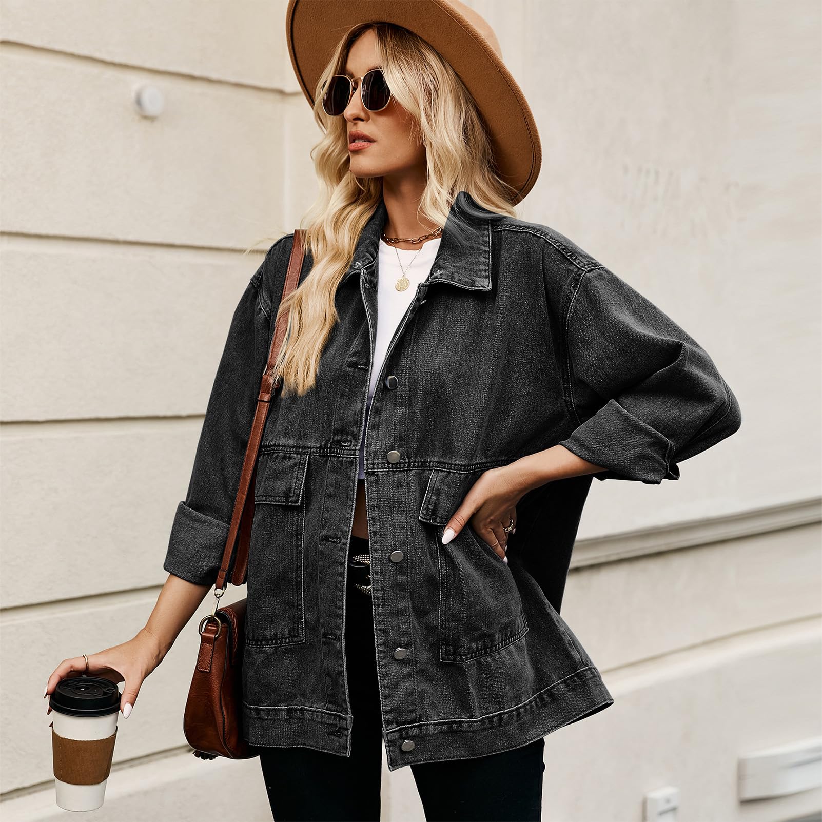Mujer Oversize Media Vaquera Chaqueta Manga Larga Conjuntos