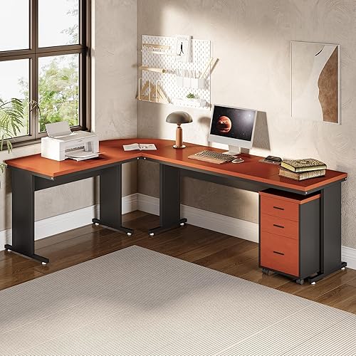 Miniatura 24 de LITTLE TREE Escritorio ejecutivo grande de 82.67 pulgadas de largo en forma de L para computadora con archivador móvil de 3 cajones, mueble