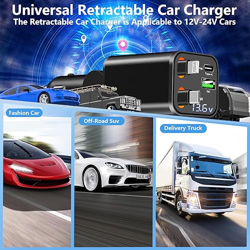 Miniatura 8 de Apple MFi Certified Retractable Car Charger, Linocell 120W USB C Car Charger 4 in 1 PDQC Type C Fast Charging Cigarette Lighter Adapter for iPhone