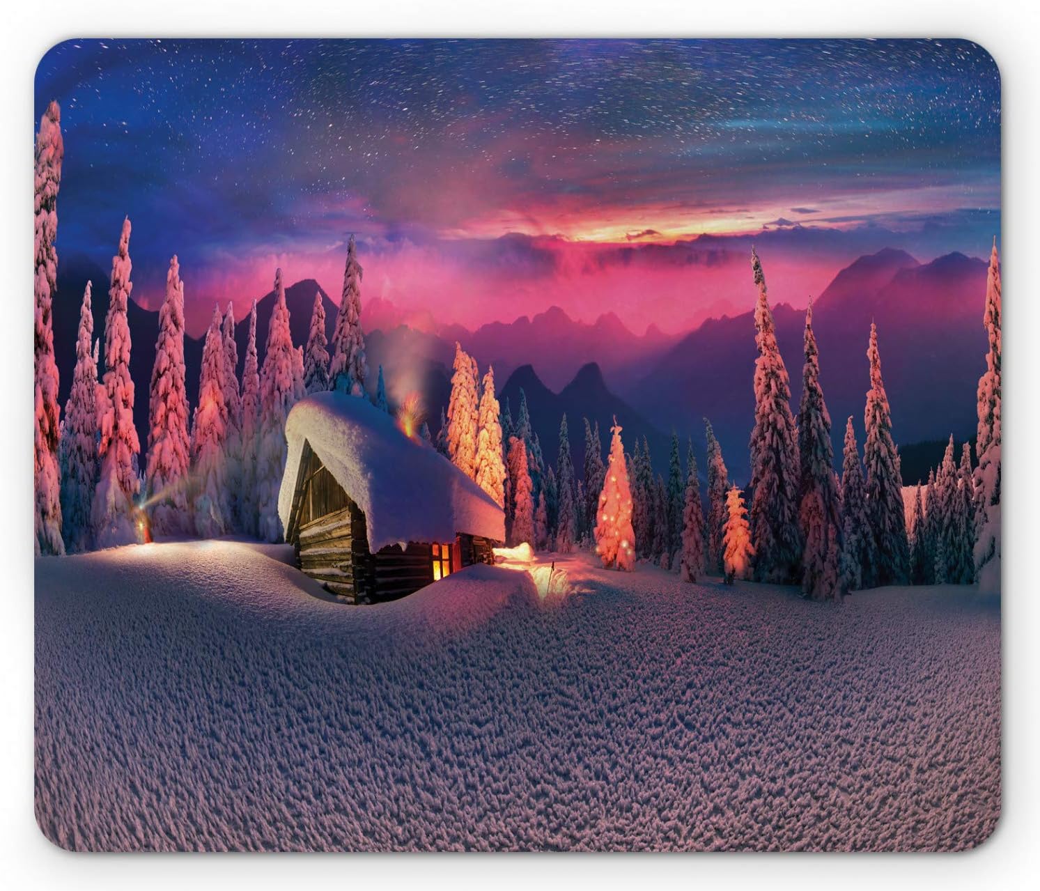 Ambesonne Milky Way Mouse Pad, Wild Alpine Scene with Cabin in The Woods Winter with Starry Skyline Illustration, Rectangle Non-Slip Rubber Mousepad, Standard Size, Multicolor
