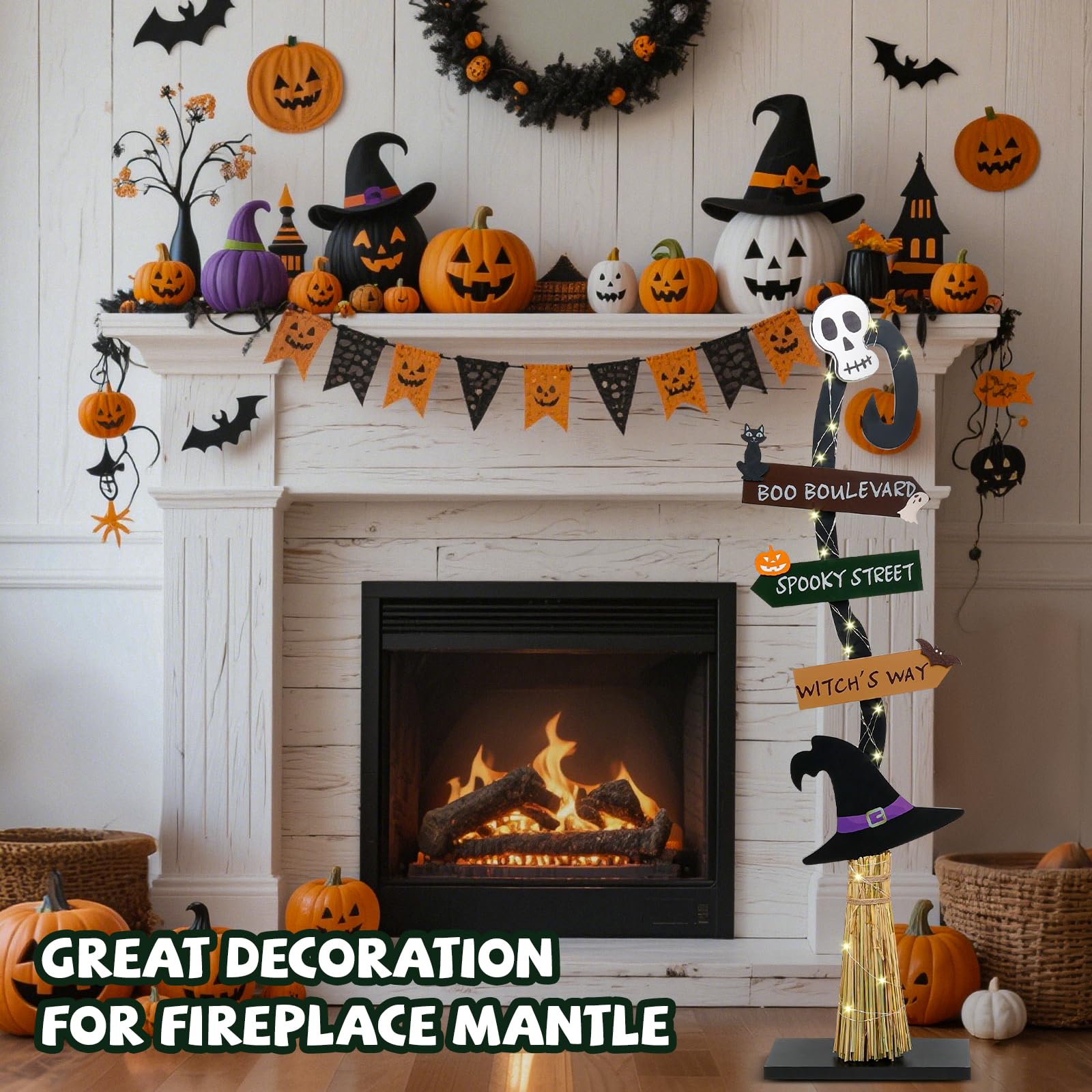 Decorazioni di Halloween | Scopa da strega in legno illuminato | Spooky Light Up Halloween Decor Witch Portico Cartello in piedi per interni ed esterni