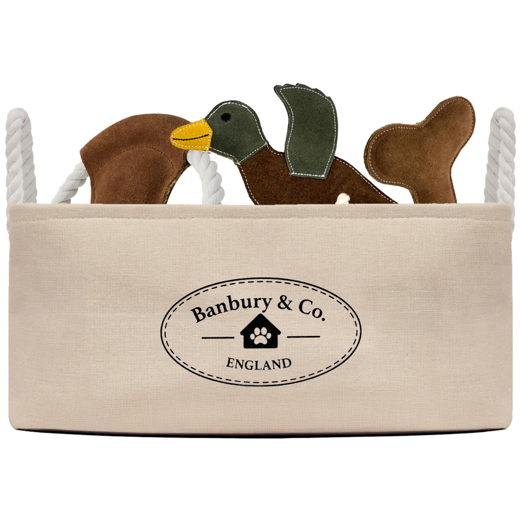 Banbury & Co Suede Dog Toy Gift Set with Storage Basket | Frisbee Fetch Toy | Bone Squeak Toy | Duck Rope Chew | Interactive Dog Play