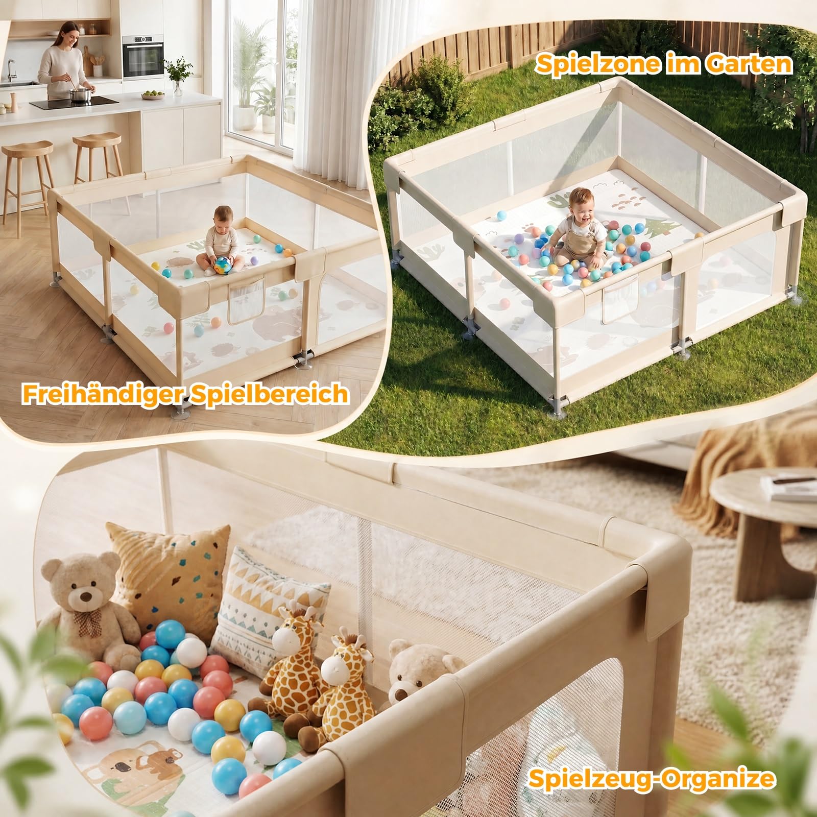 Beige Laufstall Baby mit Matratze - 150×150cm Laufgitter Baby mit Atmungsaktivem Netz und Rutschfeste Saugnäpfe, Laufstall xxl mit und 4 Zugringen