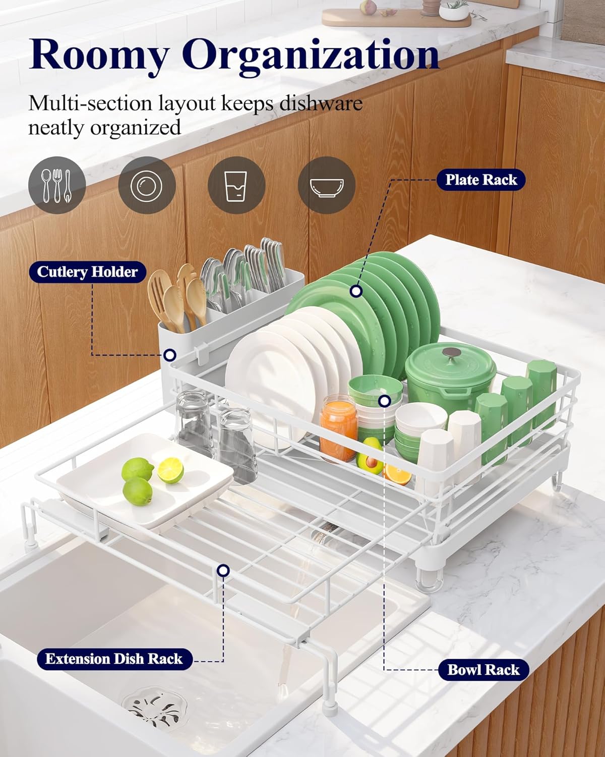 Kitsure Extendable Dish Drying Rack - Rust-Resistant Dish Racks for Kitchen Counter with Adjustable Support Legs, Cutlery Holder & Removable Draining Tray (White, 15.6''-25.2''L × 16.9''W × 8.1''H)