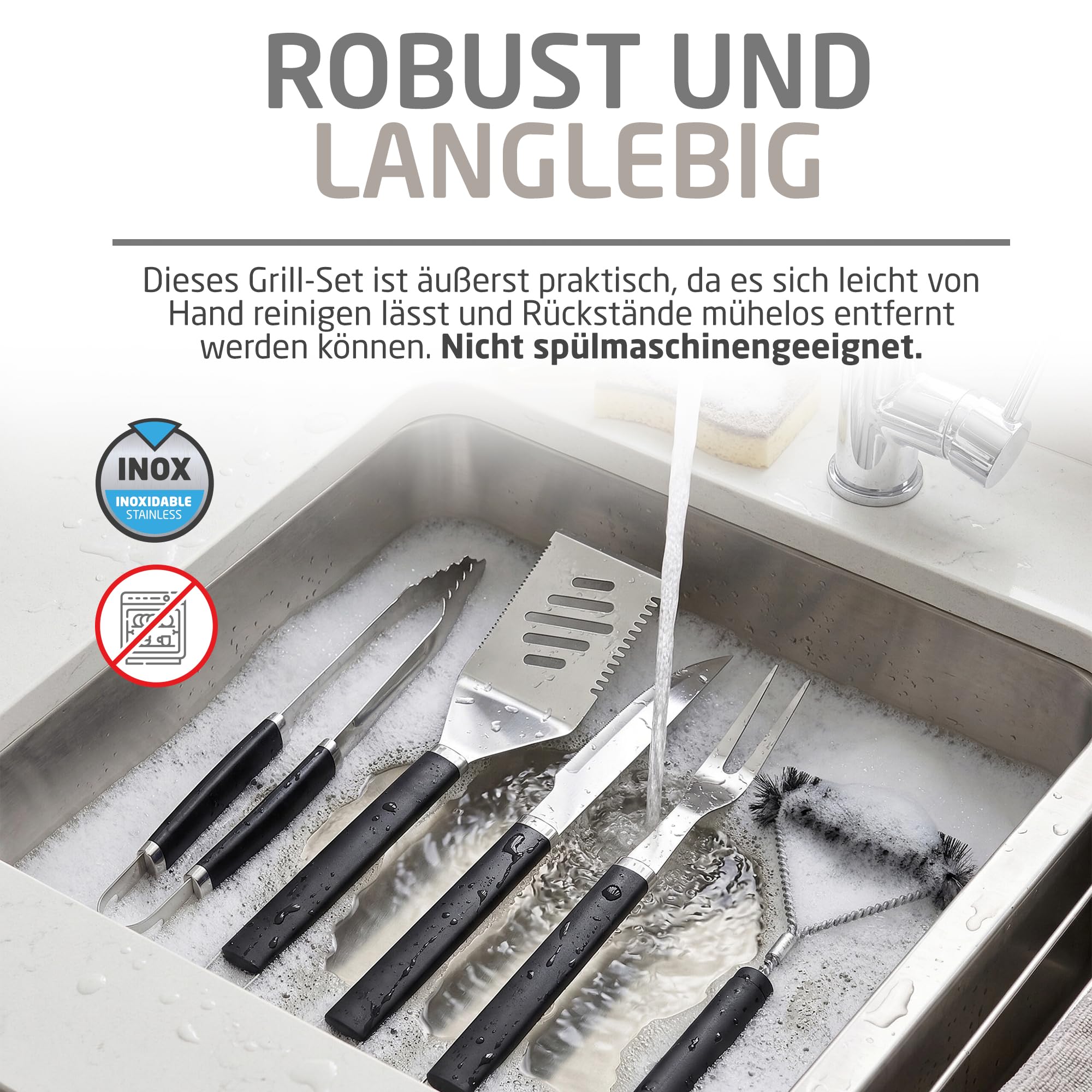 Amig - 5-teiliges Grillzubehör-Set - Edelstahl - Komplettes Utensilien-Set mit Tasche - Praktisches Zubehör und ansprechende Präsentation als Geschenk - Mod. AM01