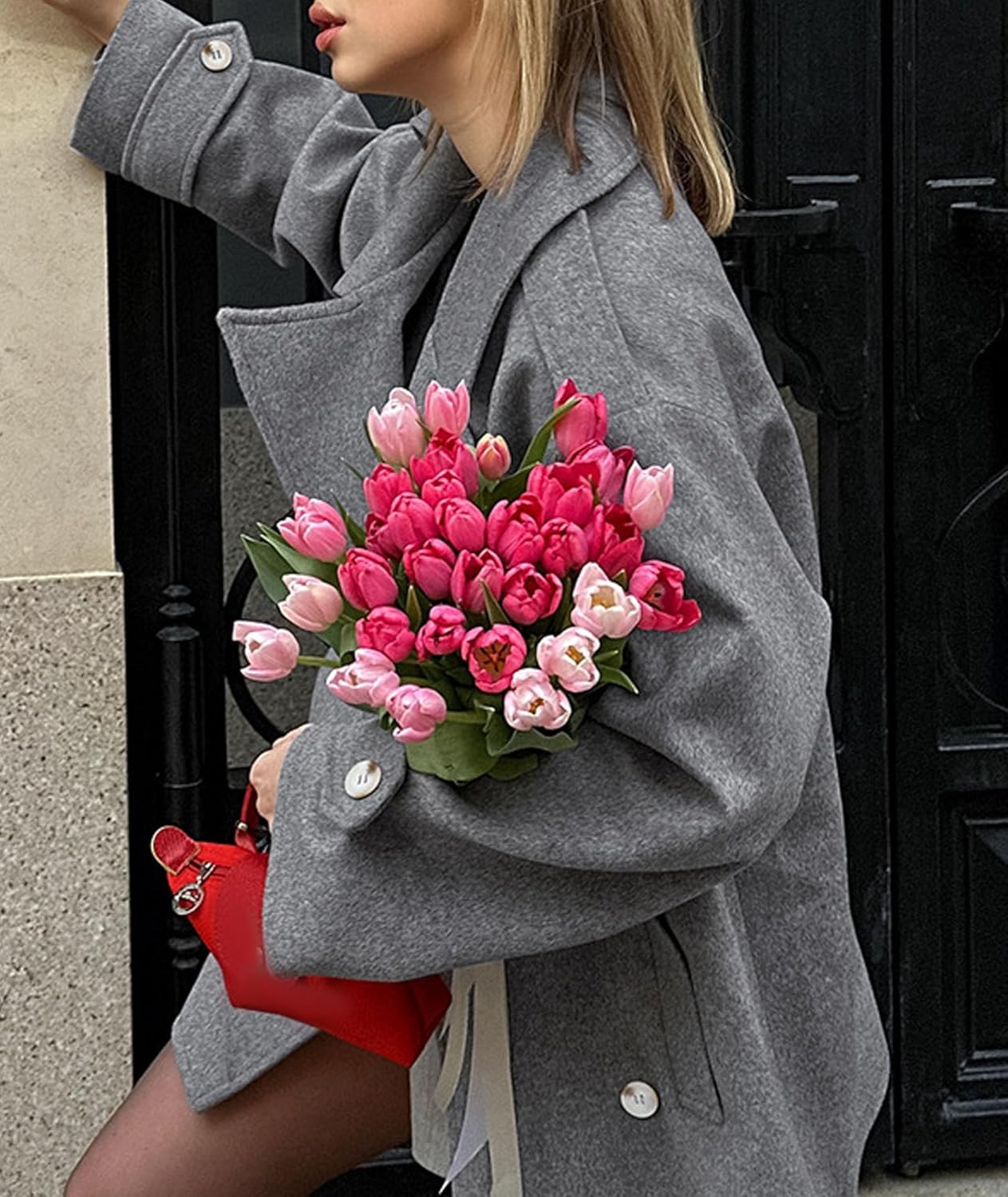 ECDAHICC Women's Wool Blend Pea Coat Notch Lapel Double Breasted Winter Loose Short Button Outerwear Jacket - Image 5