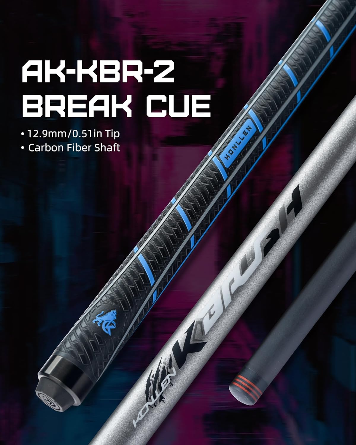 KONLLEN Carbon Fiber Break Cue 58” Low Deflection 2-Piece Heavy Hitter Break Pool Cue with 12.9mm Tip Breaking Cue Professional Billiards Pool Stick