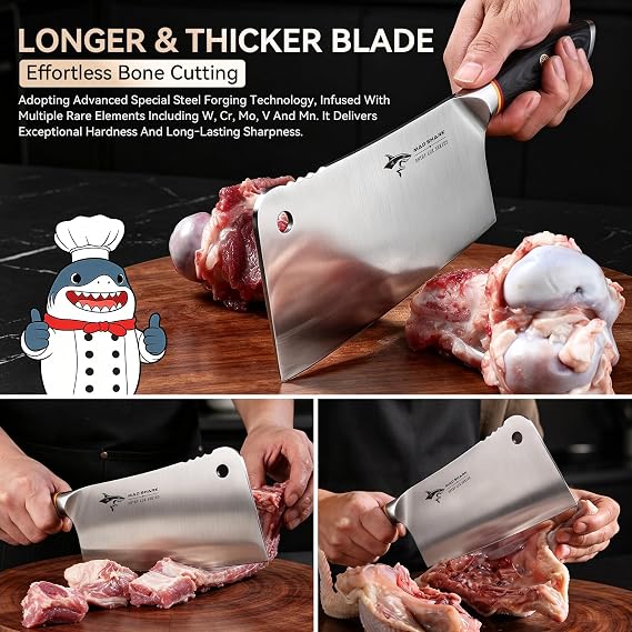 MAD SHARK 7.5 Inch Meat Cleaver with German Military Grade Composite Steel | Professional Bone Chopping Butcher Knife with Heavy Duty Blade, Chinese Chef's Cutting Knife for Home Kitchen & Restaurant
