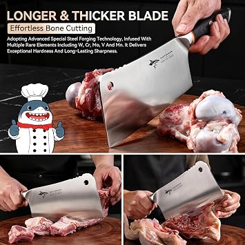 MAD SHARK 7.5 Inch Meat Cleaver with German Military Grade Composite Steel | Professional Bone Chopping Butcher Knife with Heavy Duty Blade, Chinese Chef's Cutting Knife for Home Kitchen & Restaurant