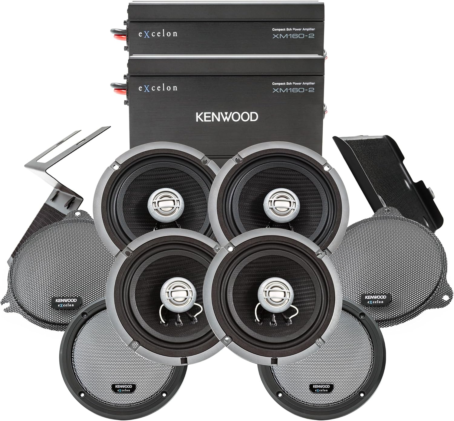Kenwood Excelon P-HD4UT Audio Package for Select 2014-Up Harley-Davidson Models - (2) XM160-2 Audio Amplifier, (4) 6.5" Excelon XM65F Front Motorcycle Speakers, Includes Mounting Plates & Grilles