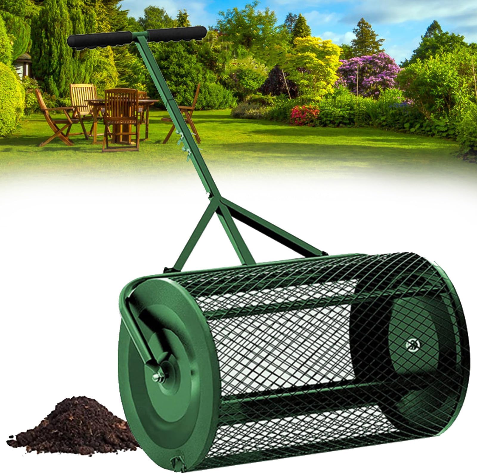 Fertilizer Compost Spreader with Adjustable T-Shaped Handle, Peat Moss Spreader for Garden Lawn, Manure Spreader for Planting and Sowing, Green-40 * 60 cm