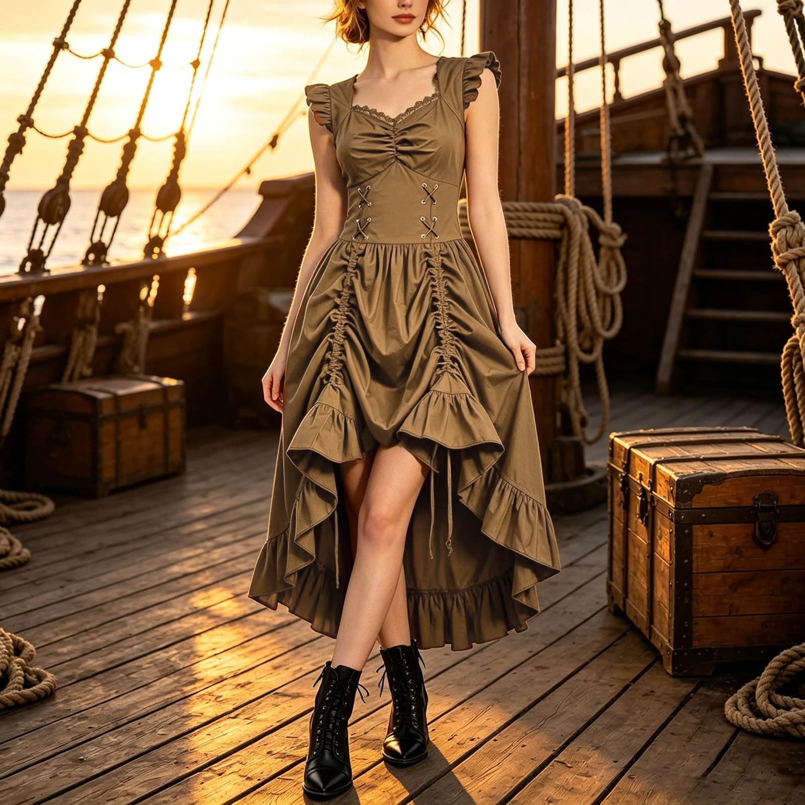 Genérico Vestido Medieval Mujer,Vestido Medieval Renacentista Con Corsé Escote Cuadrado Ajustables Para Dama Disfraz HistóRico Halloween Cosplay CelebracióN TemáTica Elegante