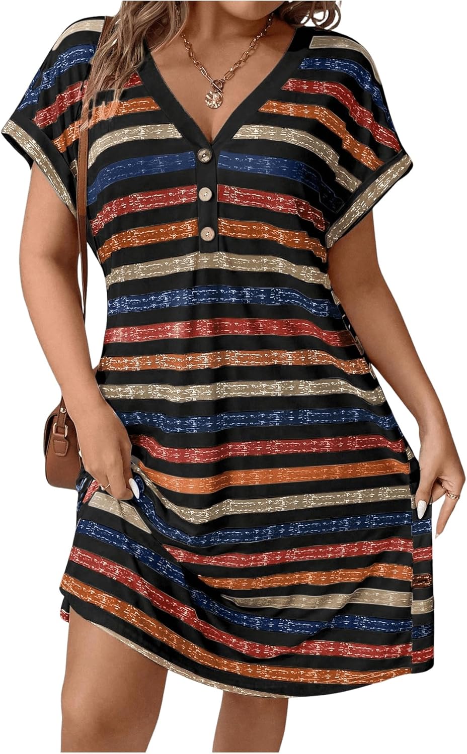 SOLY HUX Women's Plus Size Summer Dresses Short Sleeve Striped Sundress V Neck Beach Vacation Short Dress