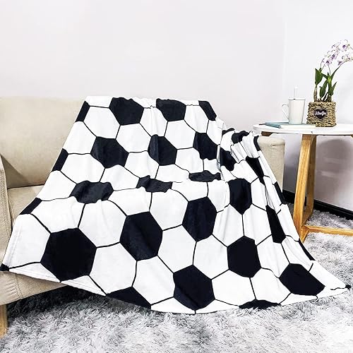 Miniatura 4 de Manta de fútbol cálida ultra suave para pelota de fútbol blanco y negro, 50 x 40 pulgadas, manta de jugador de equipo de fútbol, regalo de mamá para