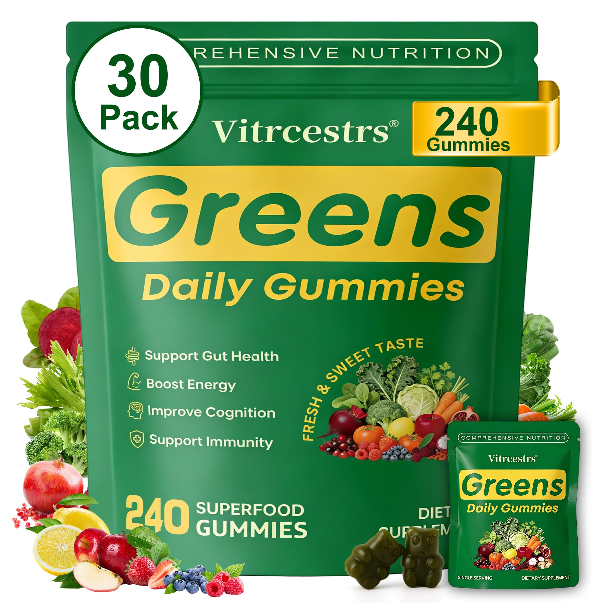 Greens Daily Gummies, Super Greens Gummies for Adults Superfood Multivitamin Gummy with Spirulina, Chlorella, Prebiotic Fiber, Fruit Veggie for Digestive & Gut Health, Adaptogens Supplement, 240 Count