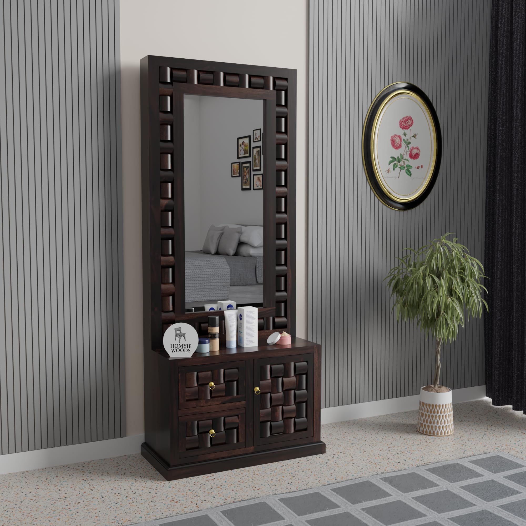 dressing table with mirror, walnut brown, solid wood, 72x30x13 inch, geometric design with storage drawers (walnut finish)