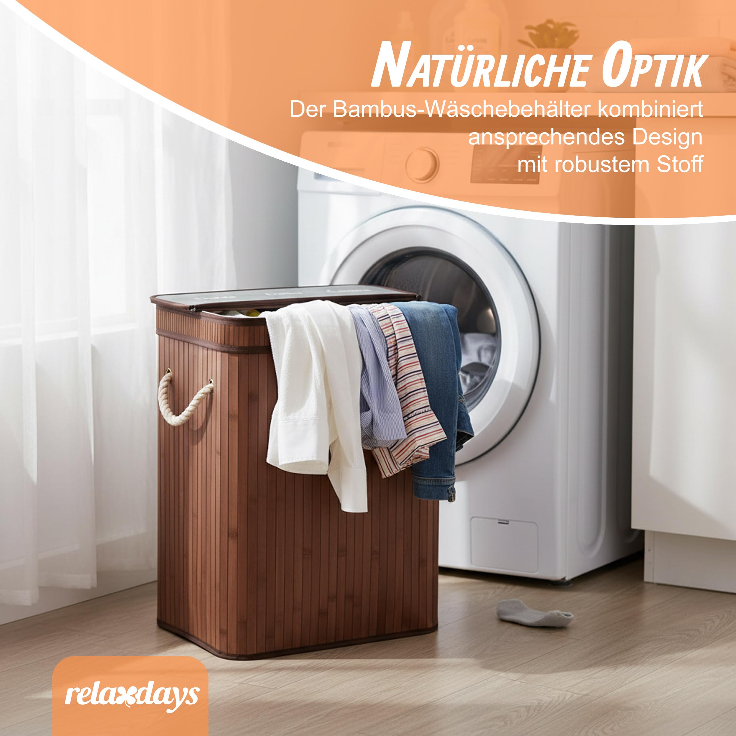 Relaxdays Wäschekorb mit Deckel, 3 Fächer, Bambus, 105 l, faltbar, HxBxT: 63x52x32 cm, Wäsche Sortiersystem, Dunkelbraun